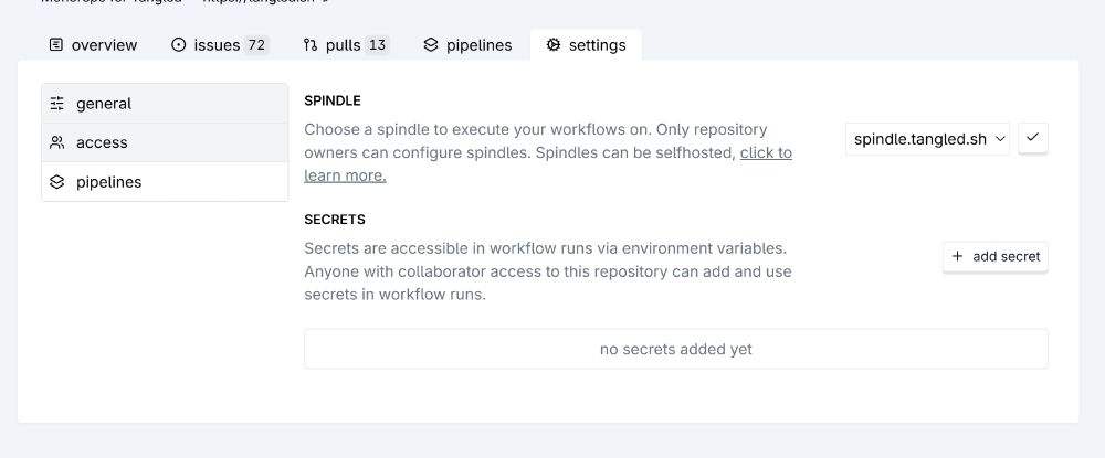 screenshot of repository settings on @tangled.sh/core. the "pipelines" tab is selected, and the spindle is configured to be spindle.tangled.sh. everybody is now welcome to join in the fun!