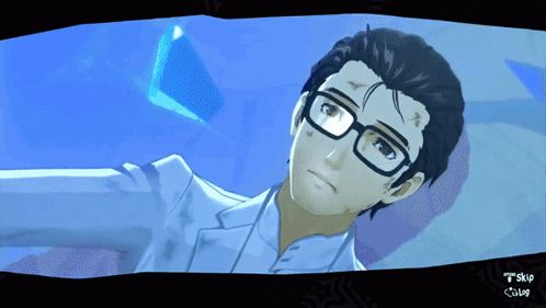 a video game screen shows a man wearing glasses and a white suit