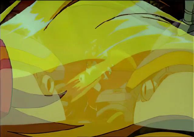 a close up of a cartoon character 's face and a yellow background