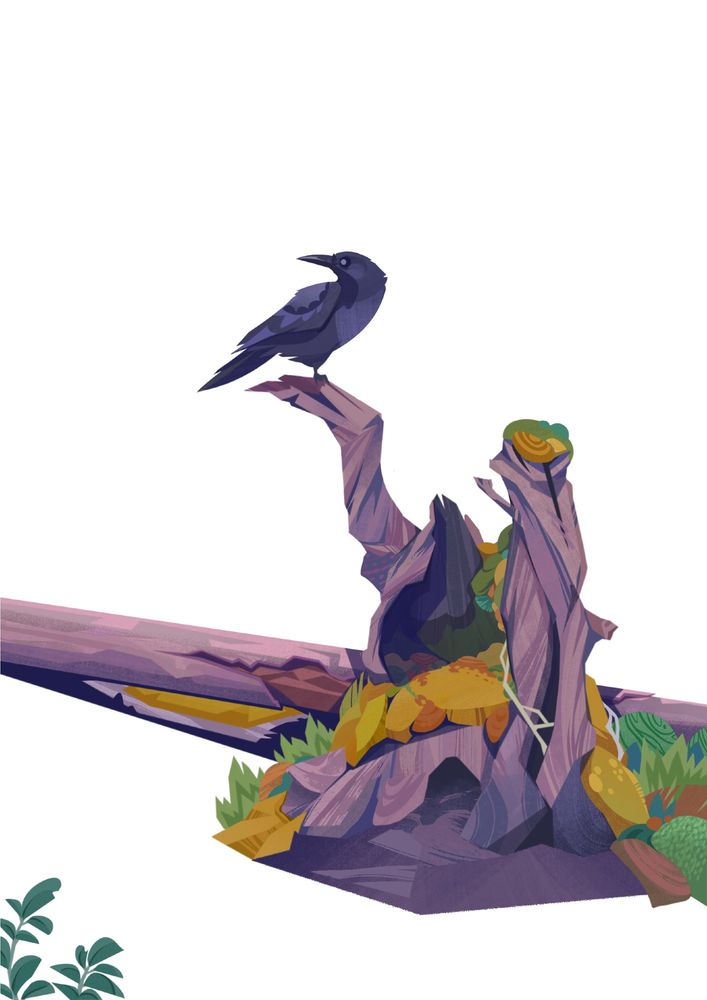 A crow perched on top of a moss covered stump