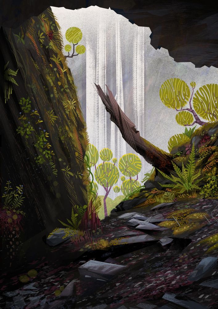 The opening of a cave with some leafy foliage, slate covered floor and waterfall in the background
