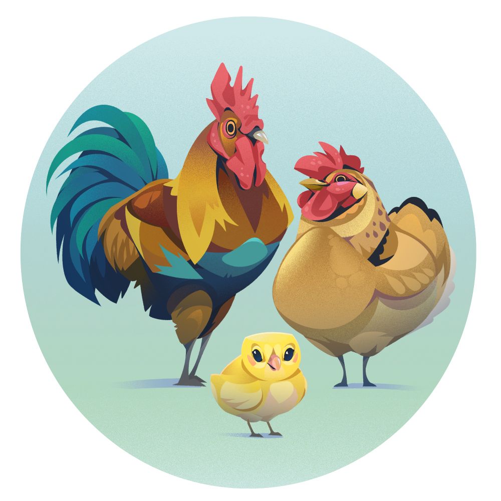 A rooster on left hand side with yellow brown feathers and green blue tail and chest, a chicken on the right with tan brown feathers with black tips and a small yellow chick in the middle.