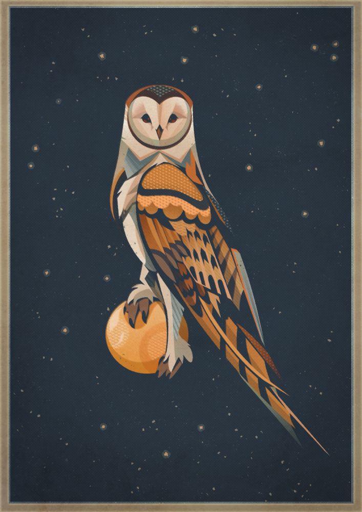 A barn owl with one one leg perched on a golden sphere against a blue starry background
