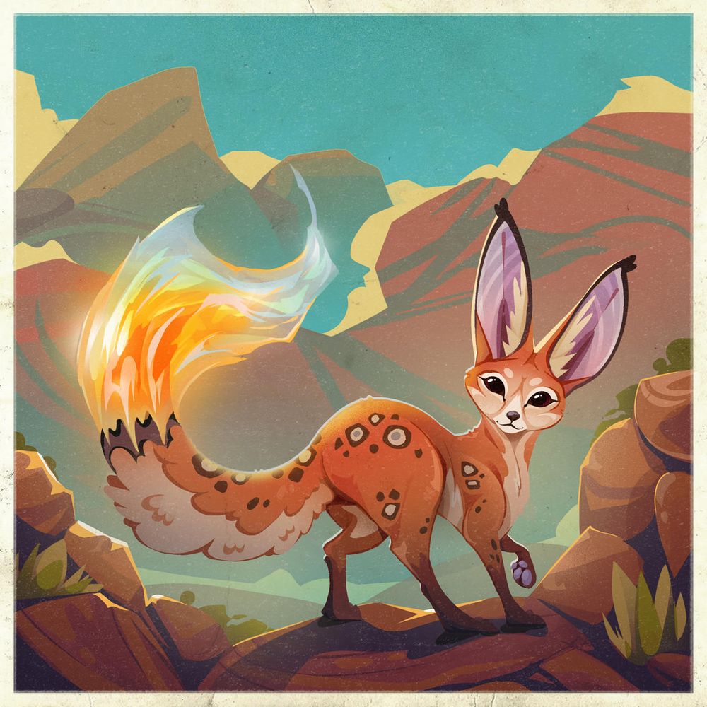 A spotted red fox with large ears and a fire on the tip of its tail