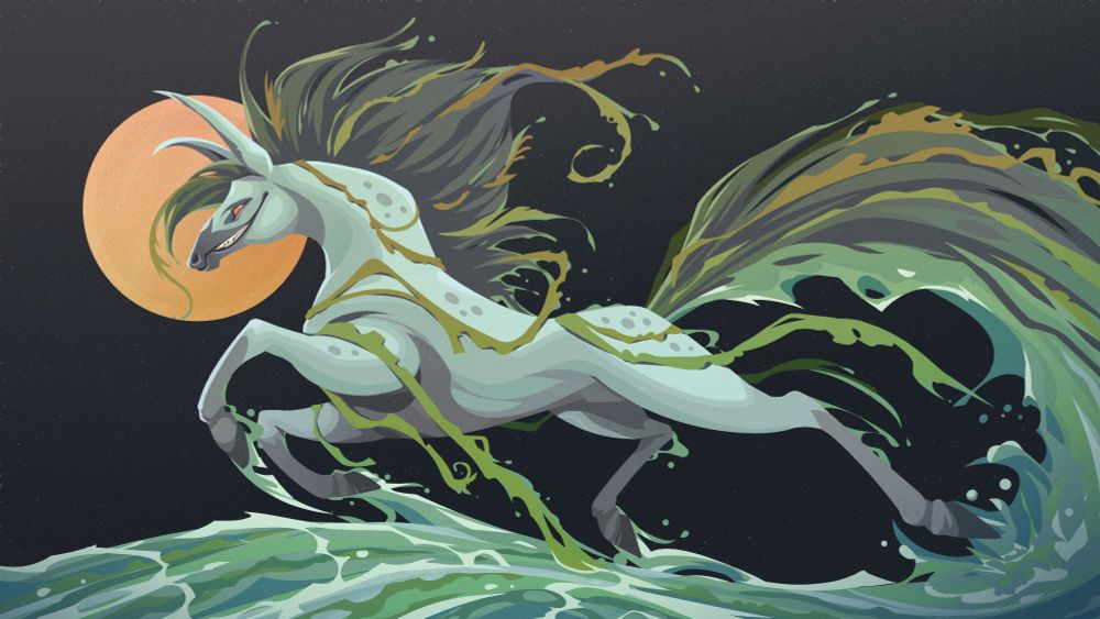 A horse with a canine mouth curved in a smile running on a wave while dragging a tangle of seaweed with a moon in the background