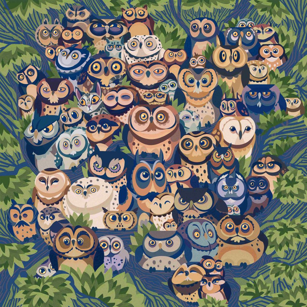 A multitude of owl of various shape, sizes, colours and species sit clustered together in a tree surrounded by branches and foliage.