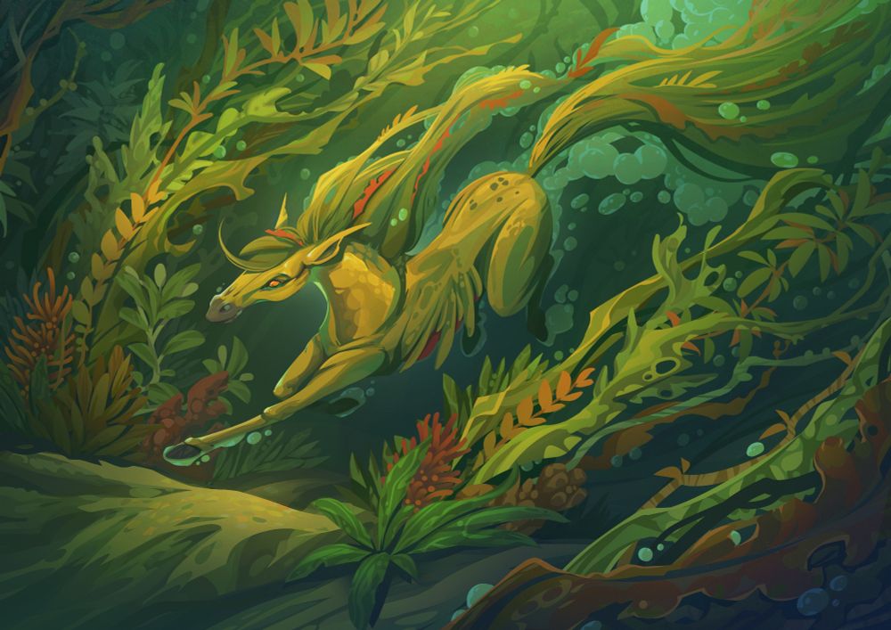 A horse diving underwater among flowing underwater plants with its mane and tails flowing like the plants