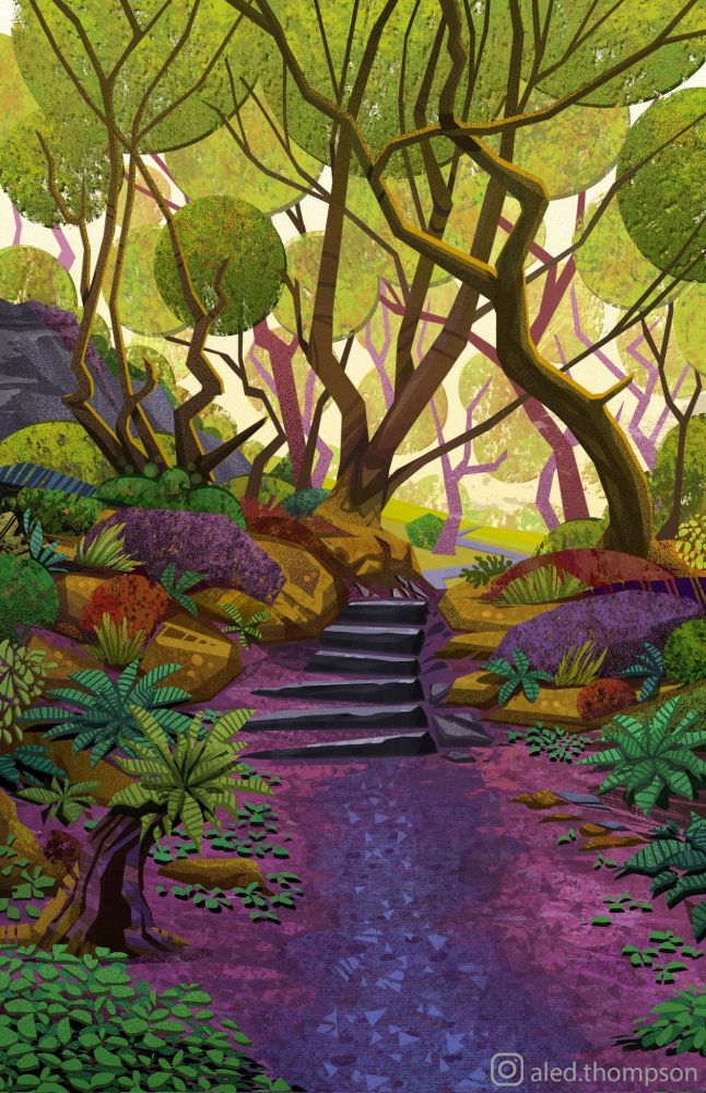 A path with some stairs in a forest with sunlight shining through the foliage
