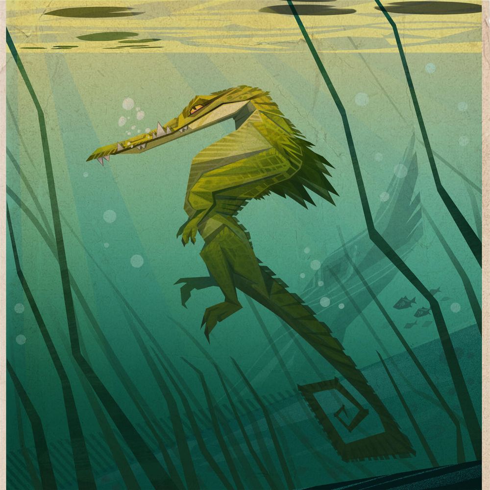 A crocodile wading upright in the water with a seahorse shaped body
