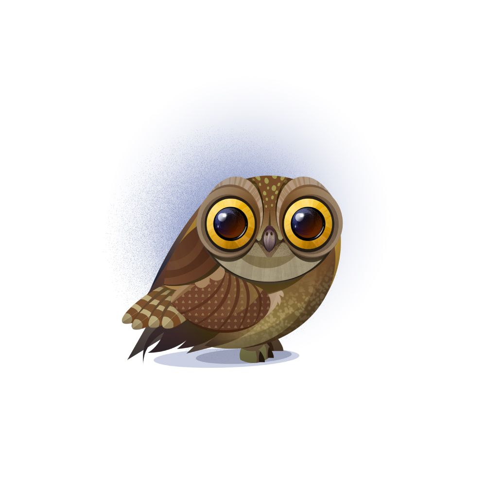 A small brown owl with big yellow eyes looking at you.