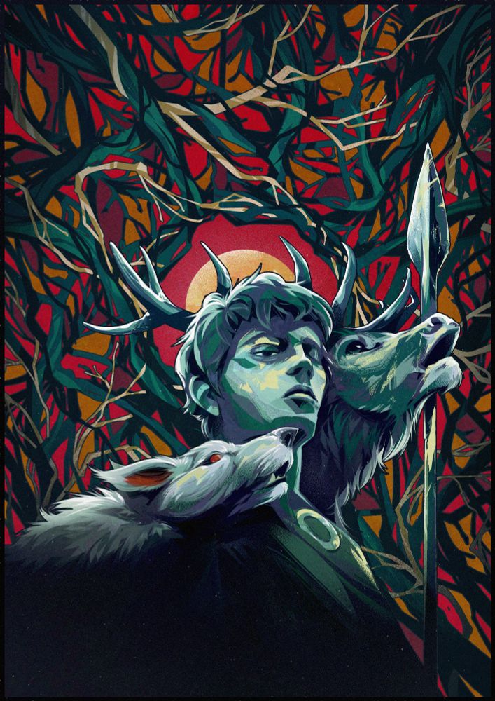 Low angle of a man with a white wolfhound with red eyes and ears coming over his shoulder and a stag behind him with a spear to the side, in the background is a tangle of branches creating a circle around his head with a moon against a red sky in the centre.