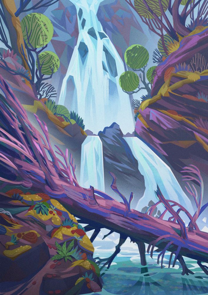 A tree fallen over in front of a waterfall surrounded by trees