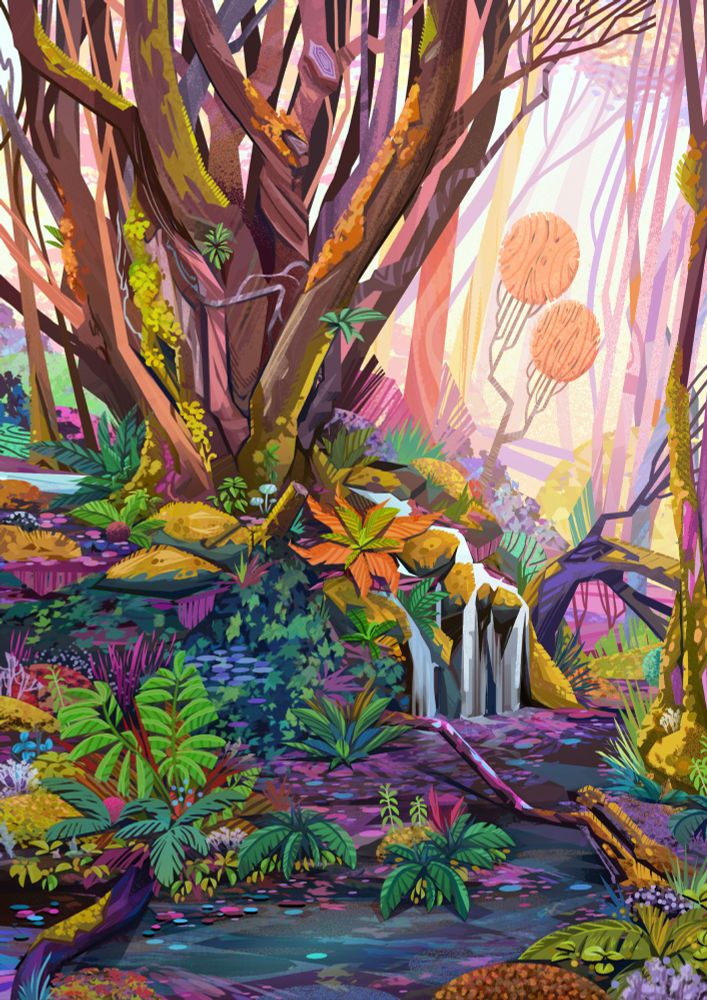 A dense forest foliage with a small waterfall under a tree
