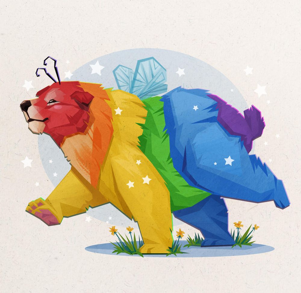 A bear with rainbow stripes and bee wings and antennas walking happily through some flowers and sparkles