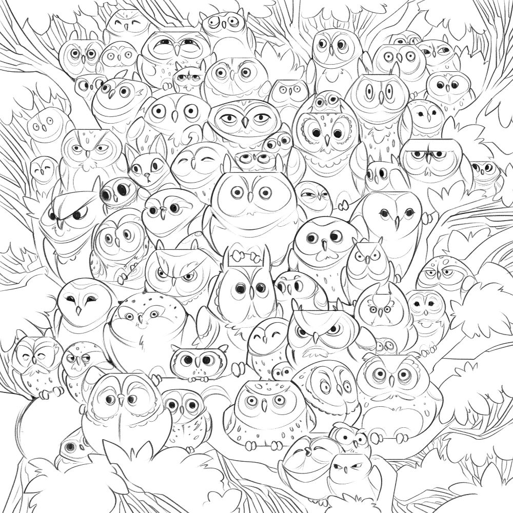 A cluster of owls of various shapes stacked together in a tree