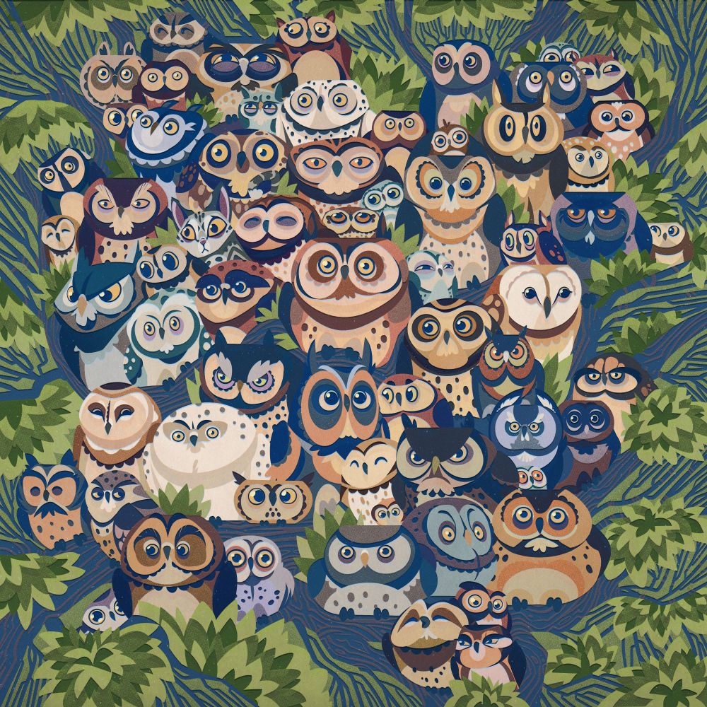 A group of diverse owls sitting in a tree