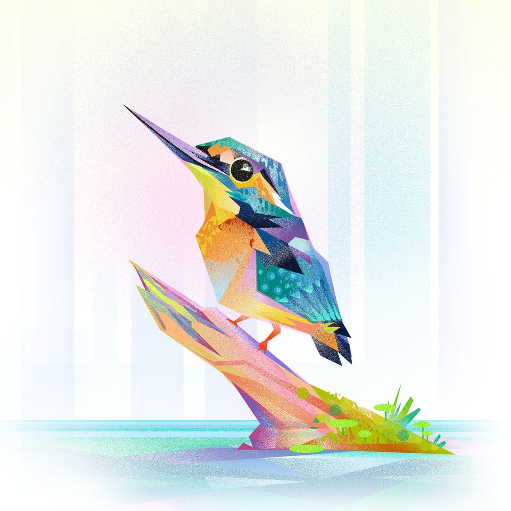 Kingfisher, a bird with a long pointy beak, blue green wings and yellow orange belly, perched on a log sticking out of some water in a geometric style
