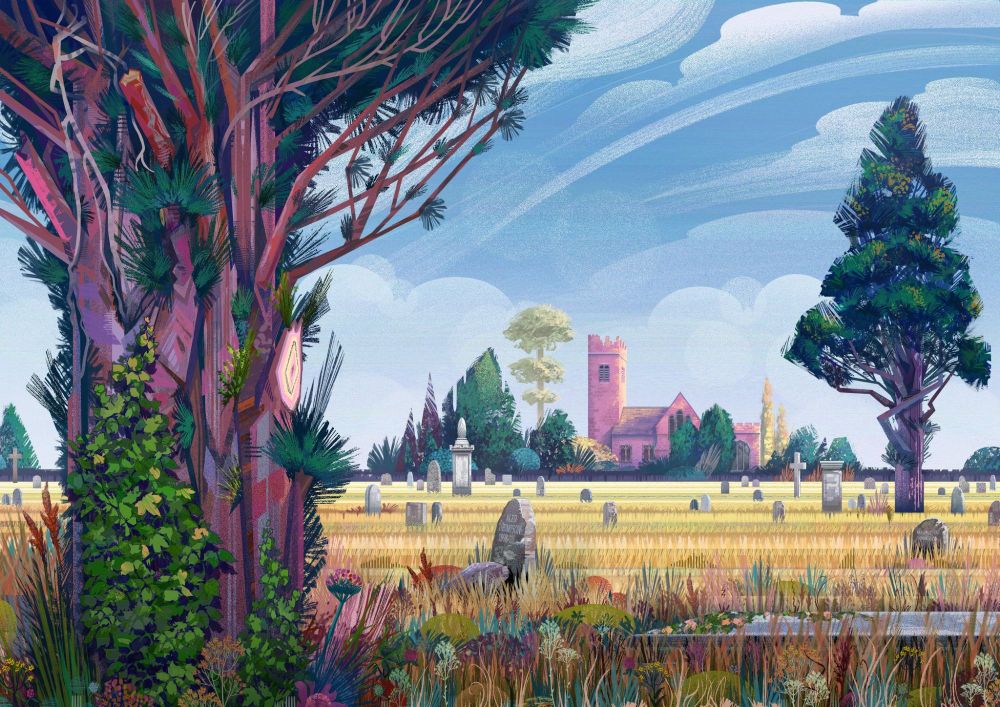 A yew tree covered in vines in the foreground with an overground field with gravestones sticking out, a second yew tree on the right and a church surrounded by bushes in the background