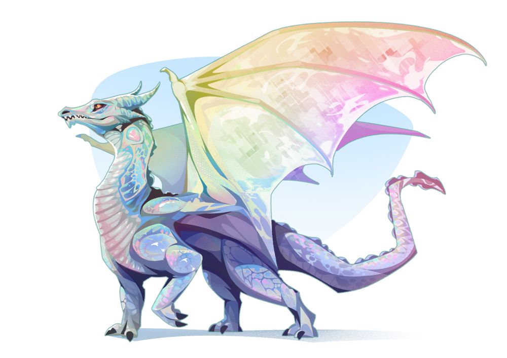 A dragon with prismatic (rainbow) colours over its body
