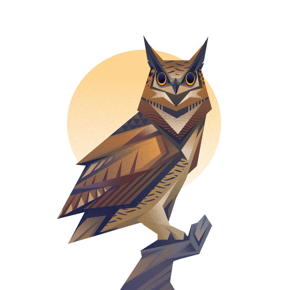 A Great horned owl perched on a branch in an angular geometric style with a circle in the background