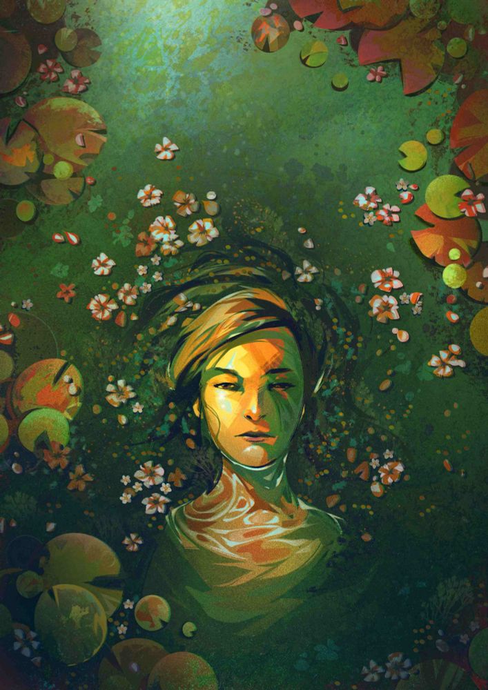 Top down view of a woman laying horizontally in water surrounded by lily pads and flowers with only her face visible above the surface with her hair swirling around her face