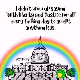 Drawing of a rainbow over the White House with text above that reads: I didn't grow up saying "with liberty and justice for all" every fucking day to accept anything less.