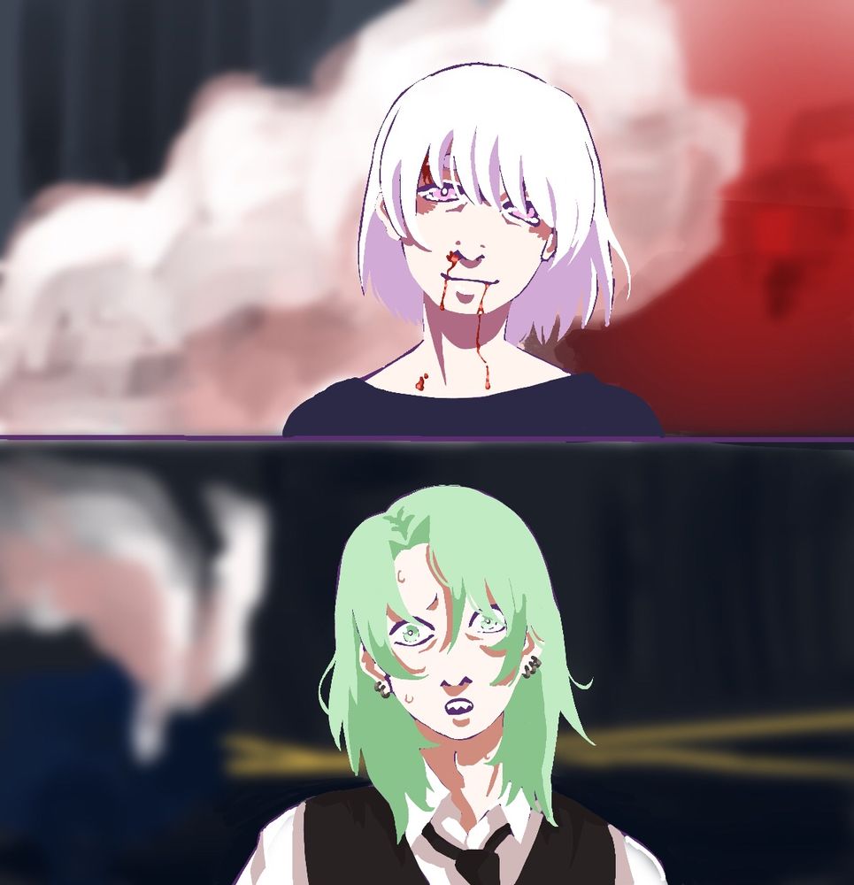 A digital painting in two parts of two characters portraits looking at each other. A white haired person with blood on their face from being wounded and tears in their eyes smiling. On the other half a guy with green hair, sweating and looking stunned. Behind them there’s a crime scene with a crashed car and lots of smoke.