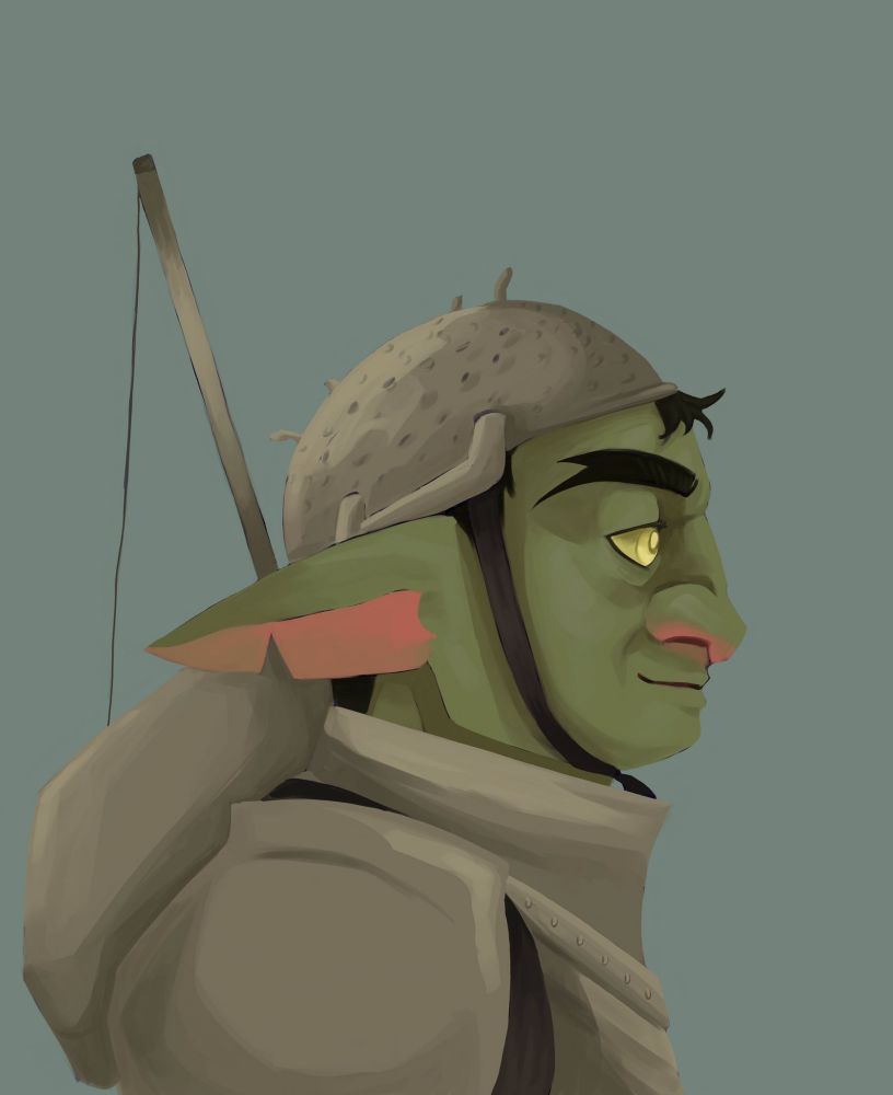 Digital illustration portrait of a green goblin in armor with a pasta strainer for a helmet and a fishing rod in his back