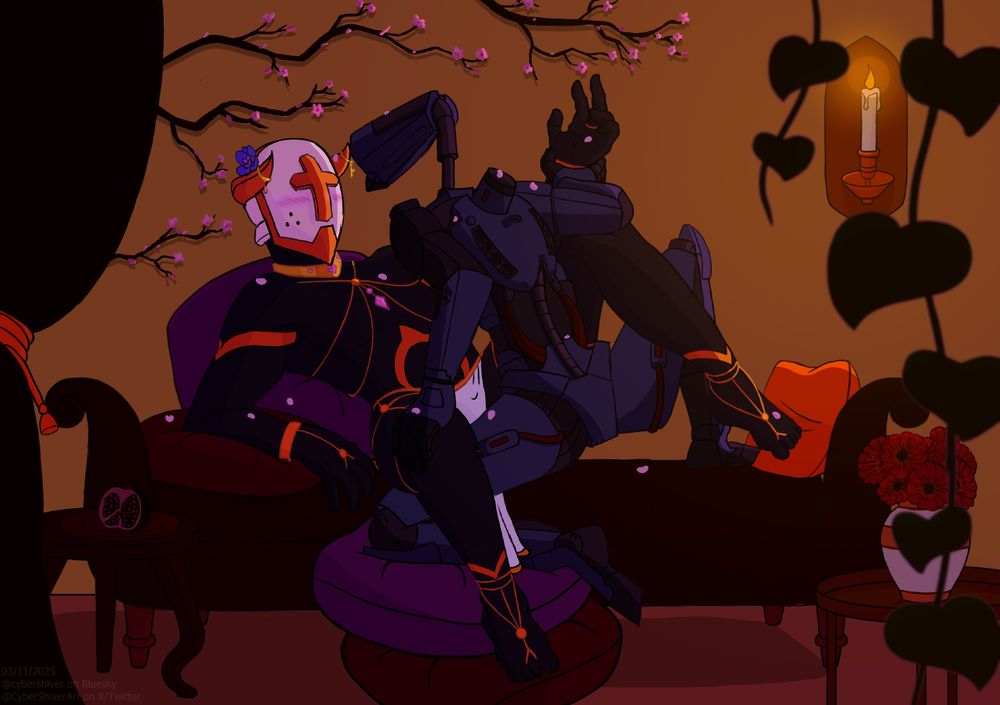 Gabriel and V1 from Ultrakill are sitting indoors on a couch. V1 is resting one hand on Gabriel's knee and the other is gripping his wrist as V1 leans in close. Gabriel is blushing profusely and is wearing a scantily clad outfit. The two are alone in a romantic setting and cherry blossom petals are scattered from an off-screen indoor tree hovering above them. A pomegranate rests on a nearby table and a candle softly illuminates the two. 