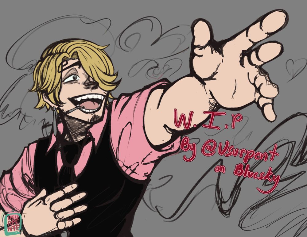 Sanji (wearing one of Zoro's earrings) is reaching out, expressing his love