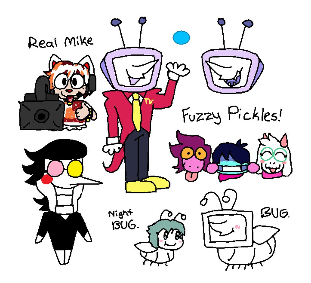 A set of doodles featuring Goutokuji Mike behind a camera with the capltion "Real Mike", Spamton, Tenna, Tenna's evil face, the three protagonists posing for a picture with the caption "Fuzzy Pickles!", Wriggle Nightbug as a bug, and Tenna as a bug.