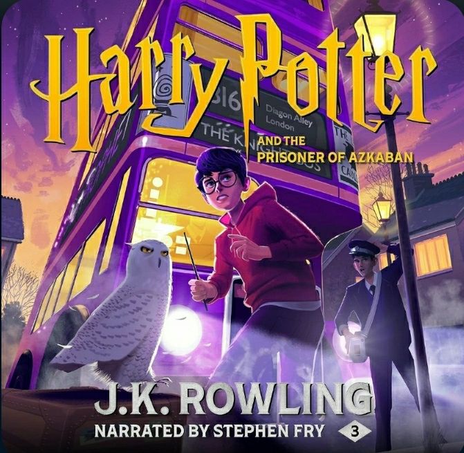 Thumbnail from audiobook of The Prisoner of Azkaban showing Harry and Hedwig catching the Knight Bus