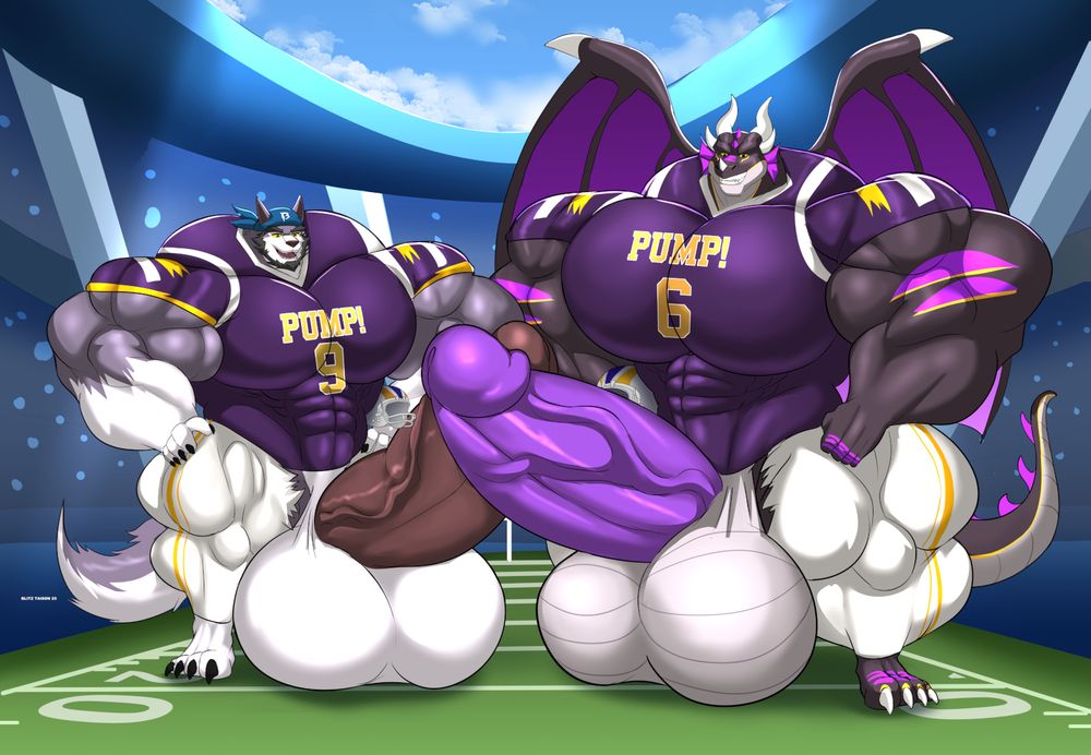 A hyper muscular dragon and wolf furry character dressed in football uniforms standing on a football field. Both characters have doubled in size, their cocks and balls have burst out of their uniforms, but they continue to inflate.