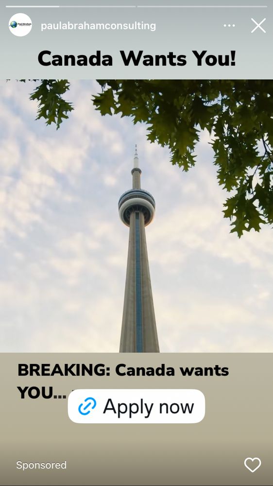 A snapshot of an ad from an immigration law firm that says “Canada wants you”

Un retrato de un anuncio de una firma de abogados que dice “Canadá te quiere”