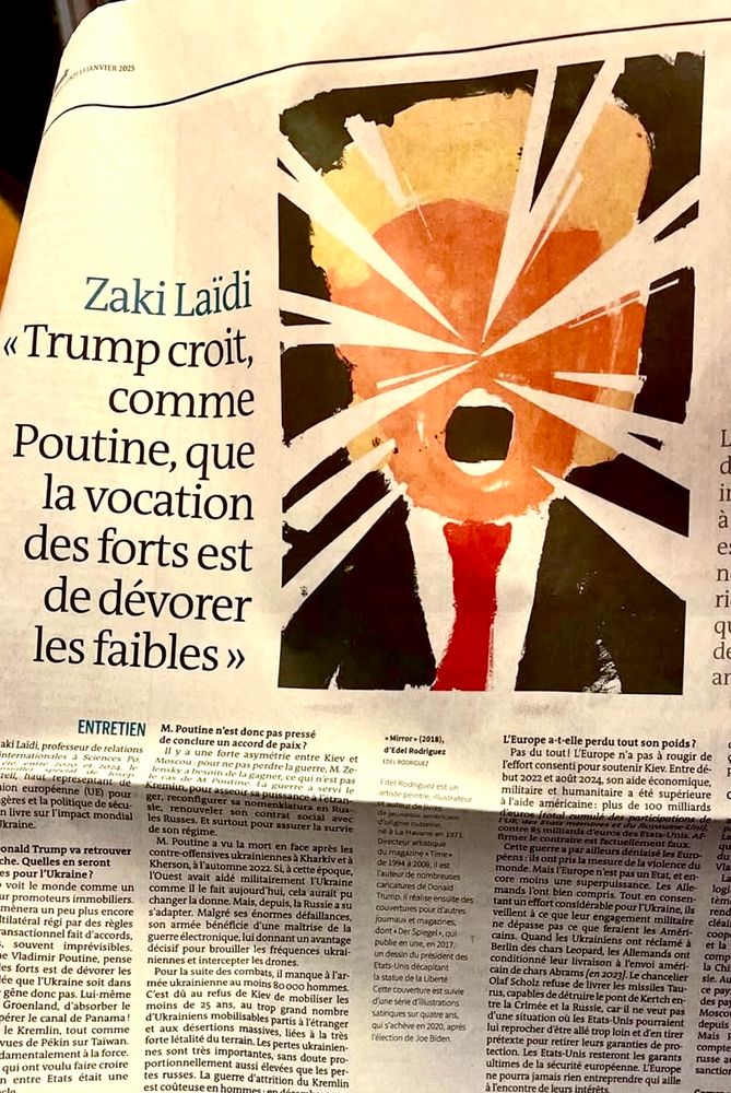 Headline from Le Monde which reads in English: Trump believes, like Putin, that the vocation of the strong is to devour the weak. Illustration by Edel Rodriguez