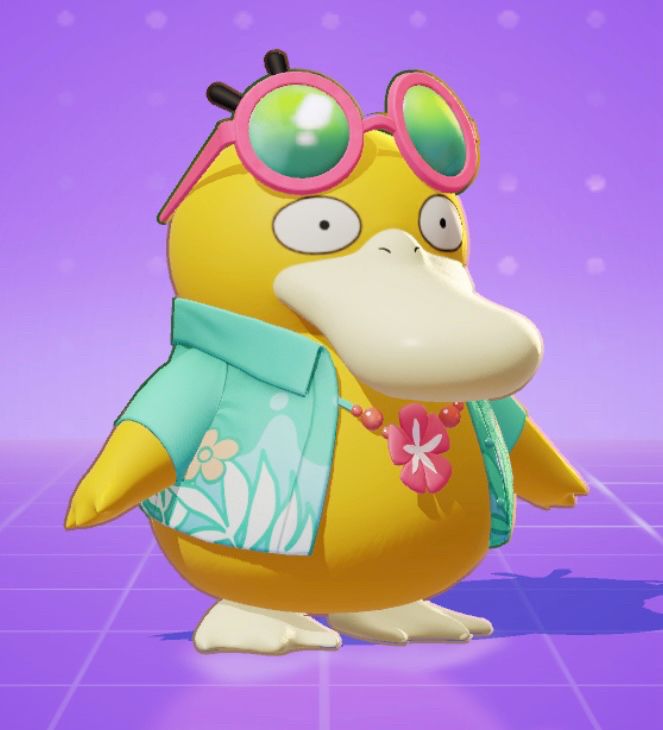 image of the pokemon psyduck looking to the right. it is a small, round, yellow-gold pokemon with a long duck bill and a sprout of three feathers or hairs from its head. it has pink sunglasses resting on top of its head and it's wearing a light teal aloha shirt printed with a pale pink flower and teal leaves. around its neck is a necklace made of green string, pink beads and a pink and white flower