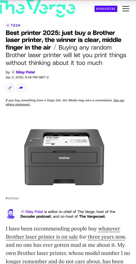 A screenshot of The Verge of an article advicing people in 2025 to get a Brother laser printer