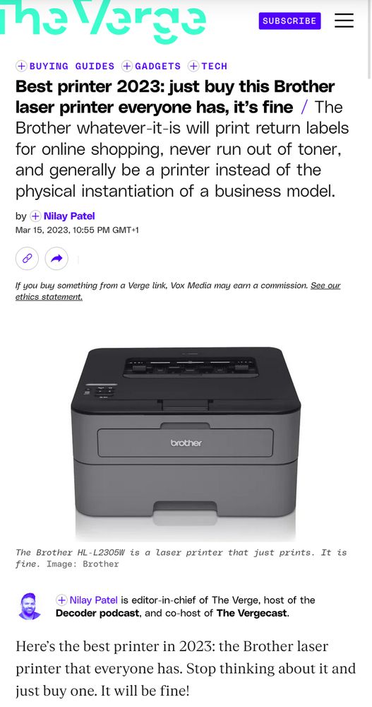 A screenshot of The Verge of an article advicing people in 2023 to get a Brother laser printer