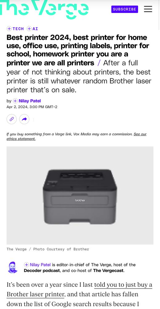 A screenshot of The Verge of an article advicing people in 2024 to get a Brother laser printer