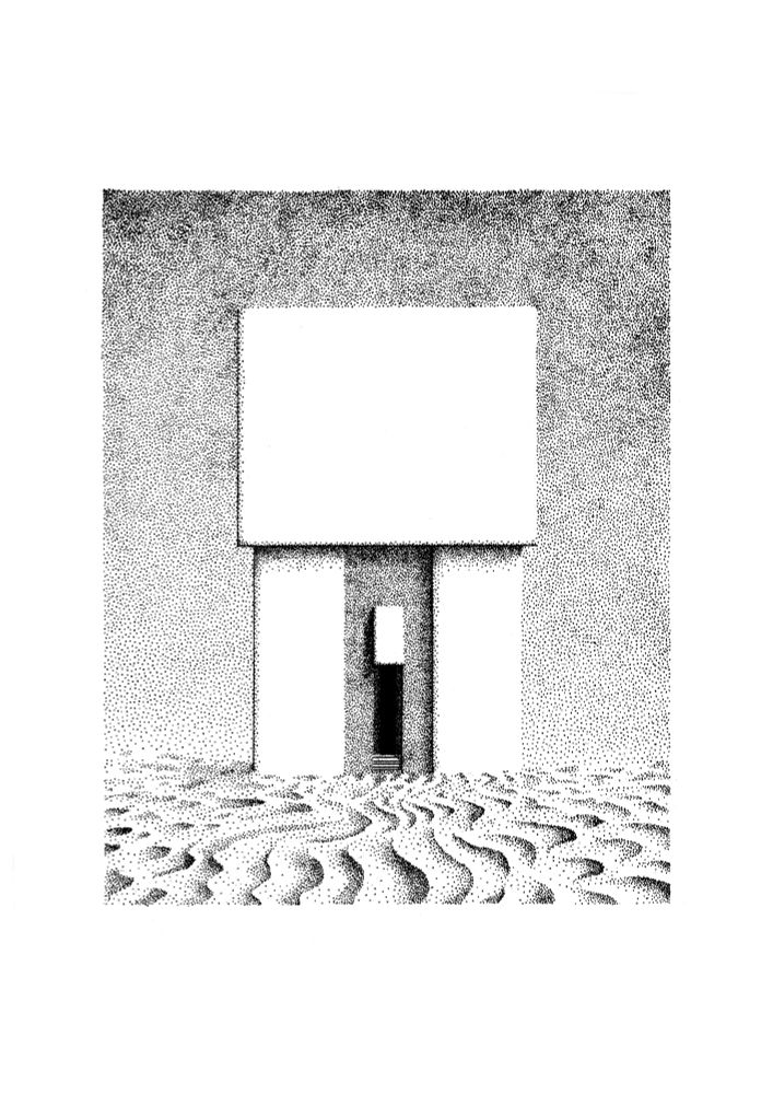 print of a monochrome dot-work illustration of a tomb-like structure among the endless gleaming sands