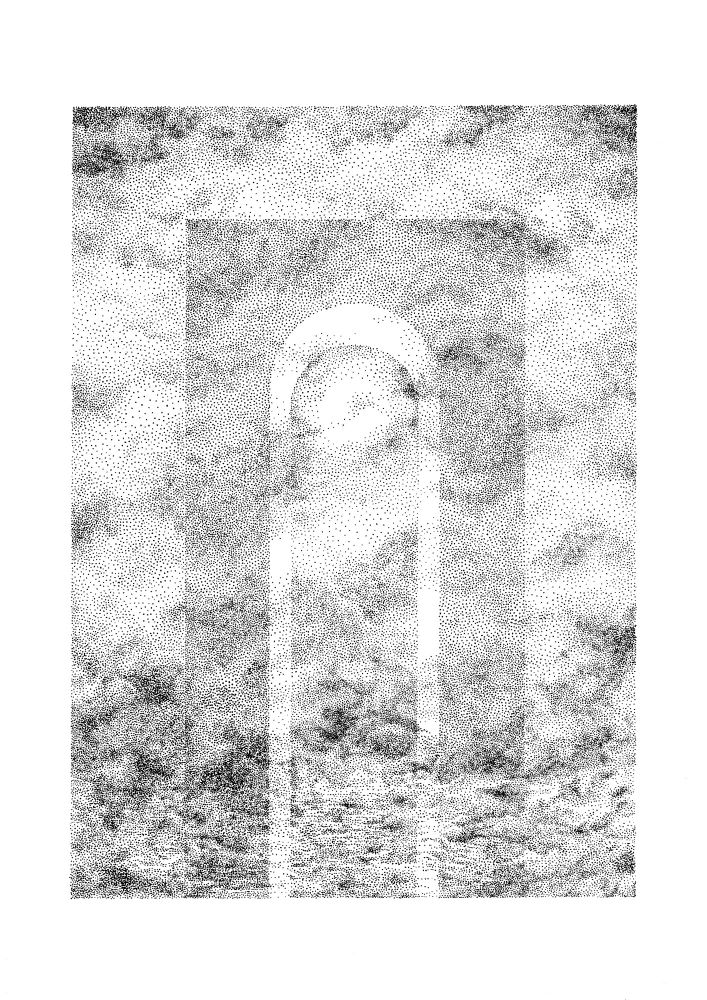 monochrome dotwork illustration of an archway standing in the sea, with the sun behind, in a storm