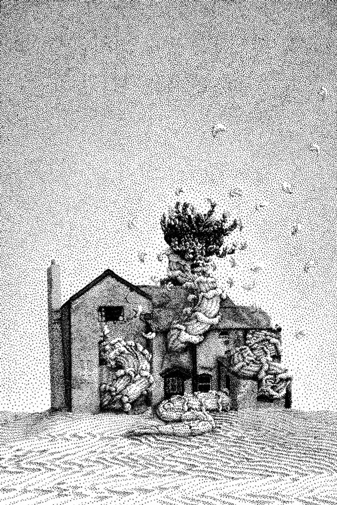 monochrome dotwork illustration: in the desert is an old farmhouse with flower worm bursting out of the windows