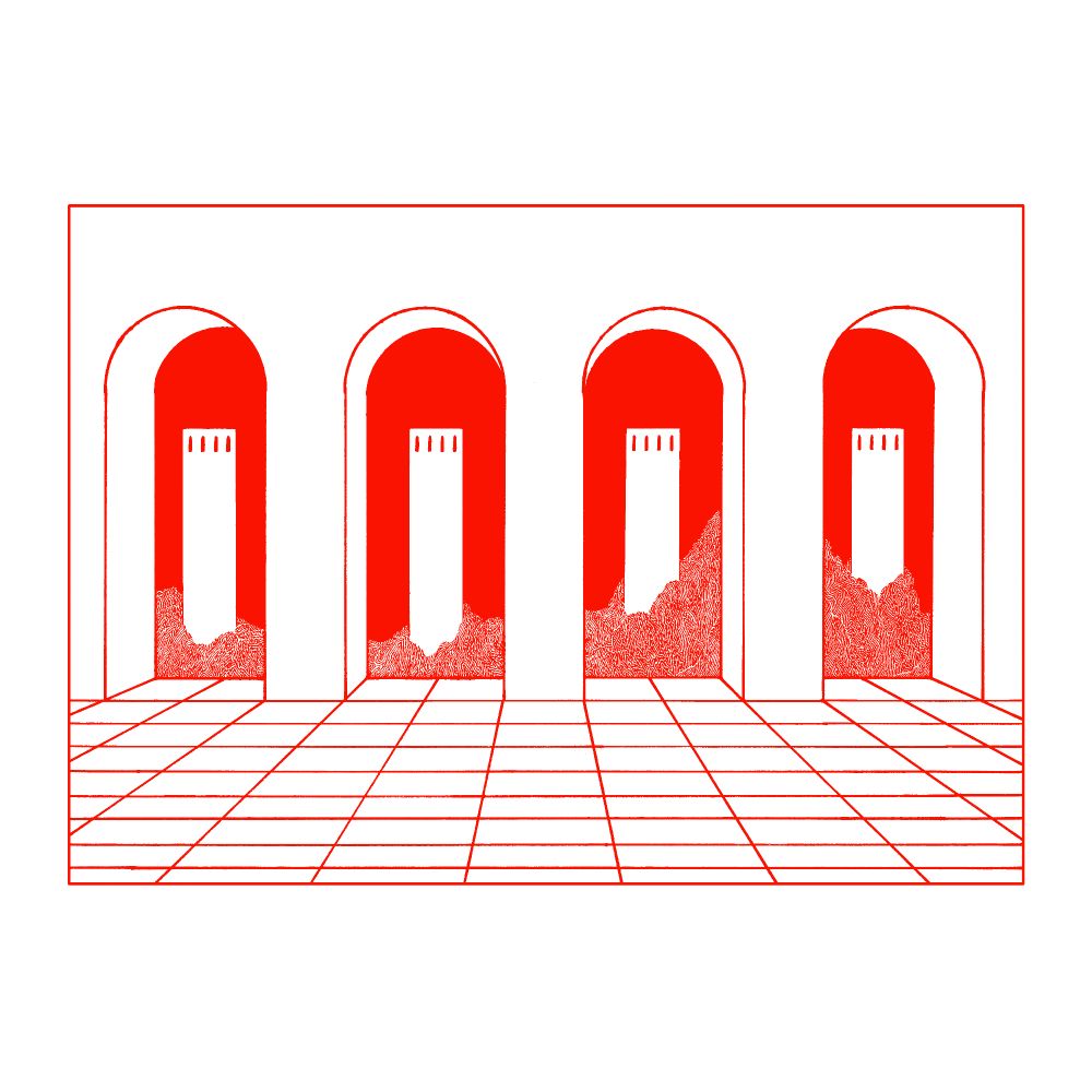 illustration: the towers in the red night, seen through the archways