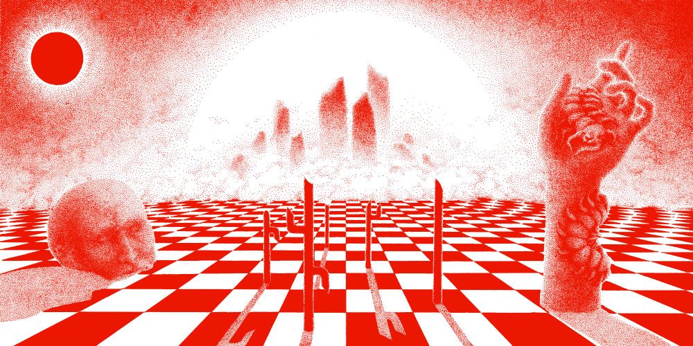 illustration in red on white of surreal landscape featuring total solar eclipse, distant city skyline in haze of dust and light, human head and arm bearing a giant centipede emerging from chequered ground