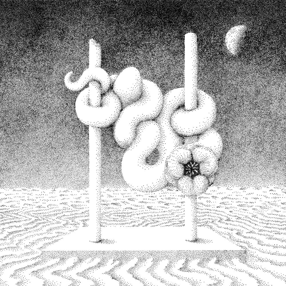 monochrome dotwork illustration of a desert landscape with an enormous white worm twined between two columns, holding an egg in its coils