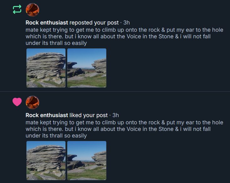 screenshot: user "rock enthusiast" liked & reposted my post about avoiding falling under the thrall of the Voice in the Stone