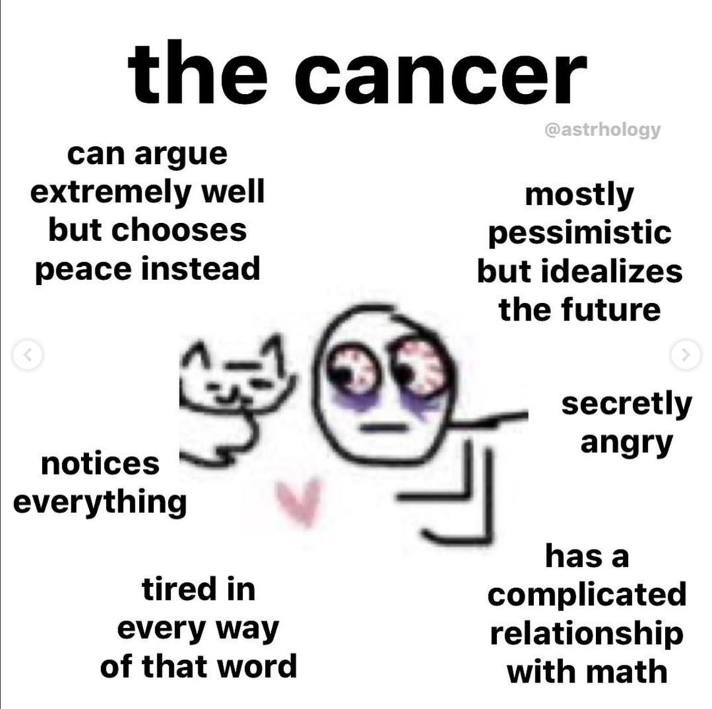 meme sobre o signo câncer

can argue extremely well but chooses peace instead

notices everything 

tired in every way of that word 

mostly pessimistic but idealizes the future

secretly angry

has a complicated relationship with math