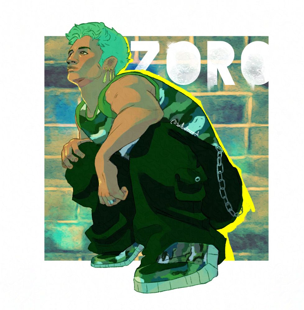 Zoro in a camouflage tank top and sneakers with black cargo pants. He's crouched in front of a brick wall