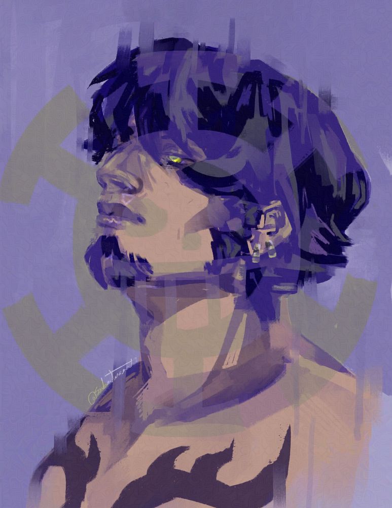 painting of Trafalgar Law in purple and yellow tones. His Jolly Roger is overlaid atop the painting