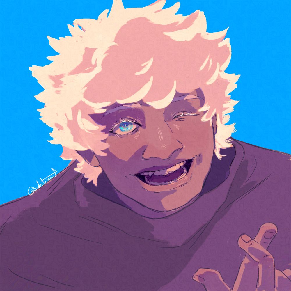 Digital painting of Satoru Gojo from Jujutsu Kaisen. He is in front of a bright blue background, smiling and winking while crossing his fingers